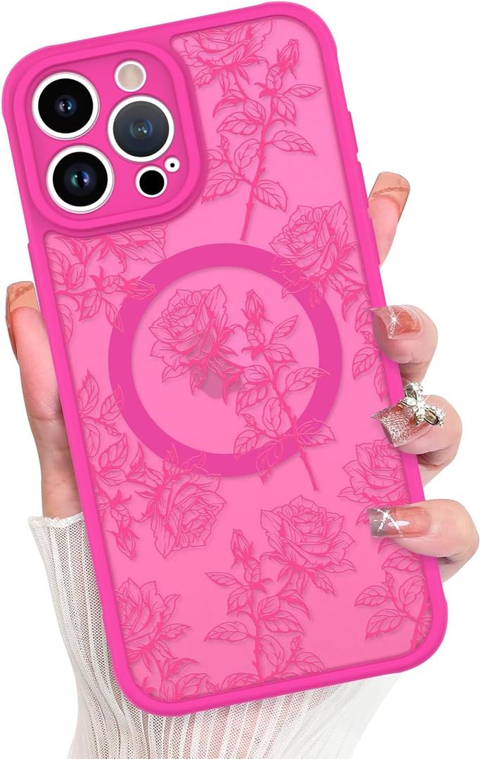MZELQ for iPhone 15 Pro Max Case Sunflower Floral Flowers Matte Aesthetic Cute Pattern Magnetic [Compatible wth Magsafe] Fit iPhone 15 Pro Max Case -Hot Pink