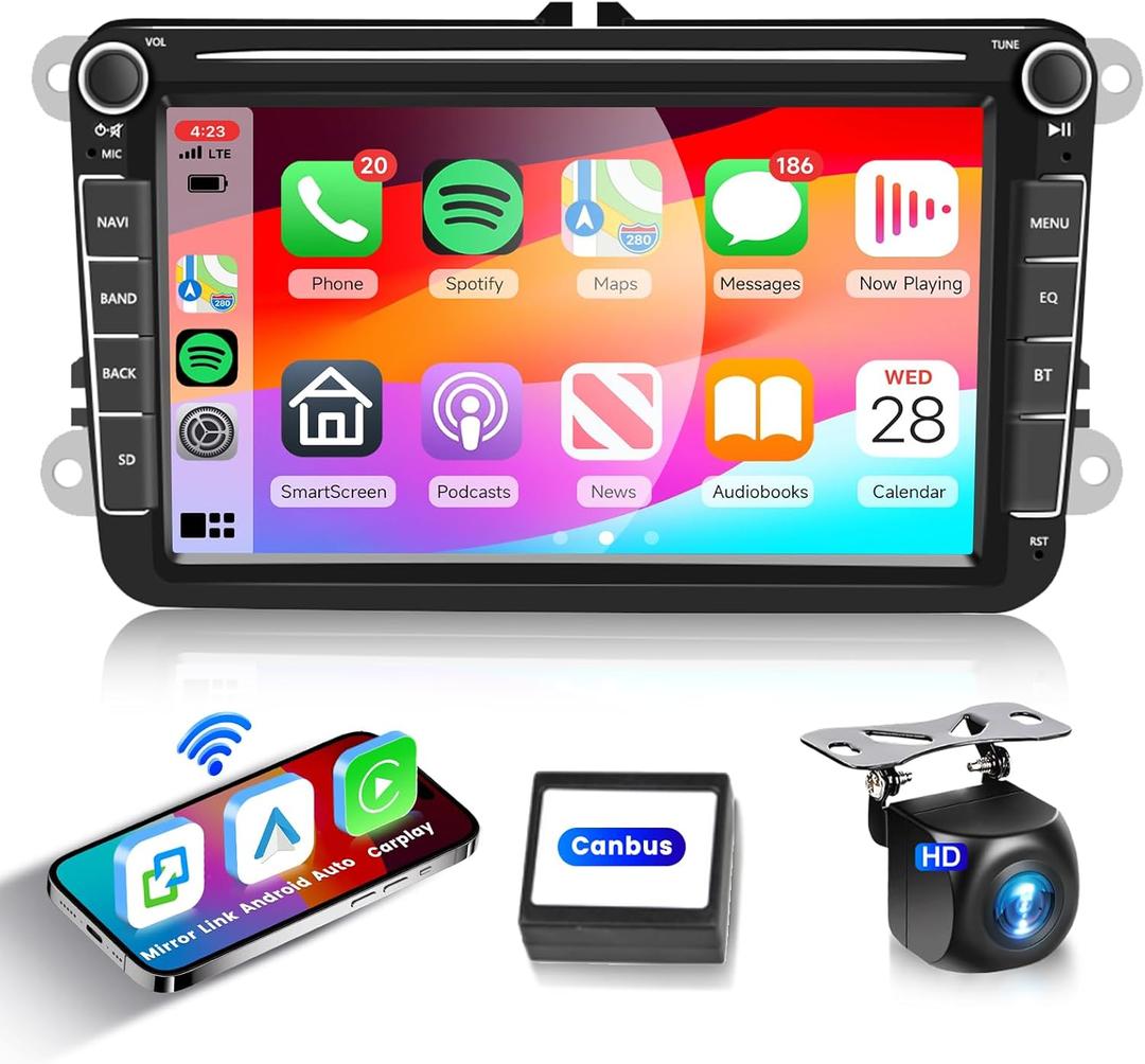 8inch HiFi Car Stereo Radio for VW Passat Jetta TOURAN SEAT,Wireless CarPlay Android Auto,1080P HD IPS Touch Screen with Bluetooth GPS Navigation FM Radio WiFi Steer Wheel Control Backup Camera Mic