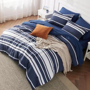 Bedsure Queen Comforter Set 7 Pieces, Navy Striped Bedding Set for Queen Size Bed Reversible, Cationic Dyeing Bed in a Bag with Comforter, Sheets, Pillowcases & Shams