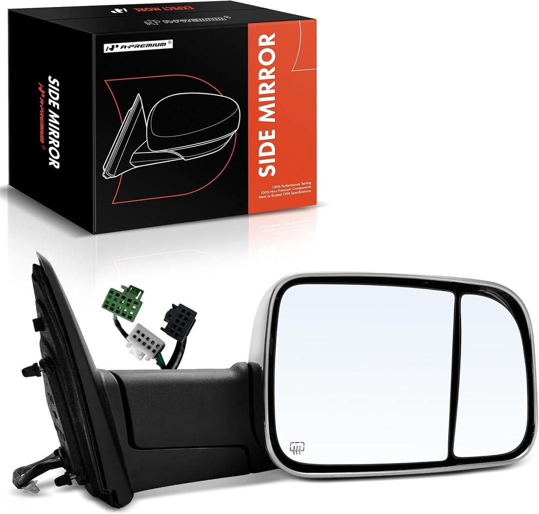 A-Premium Passenger Side Power Door Mirror - Compatible with Ram 2500/3500 2019-2022 - Heated Power Folding Chrome Outside Rear View Mirror w/Turn Signal Puddle Light - Replace# 68382838AD