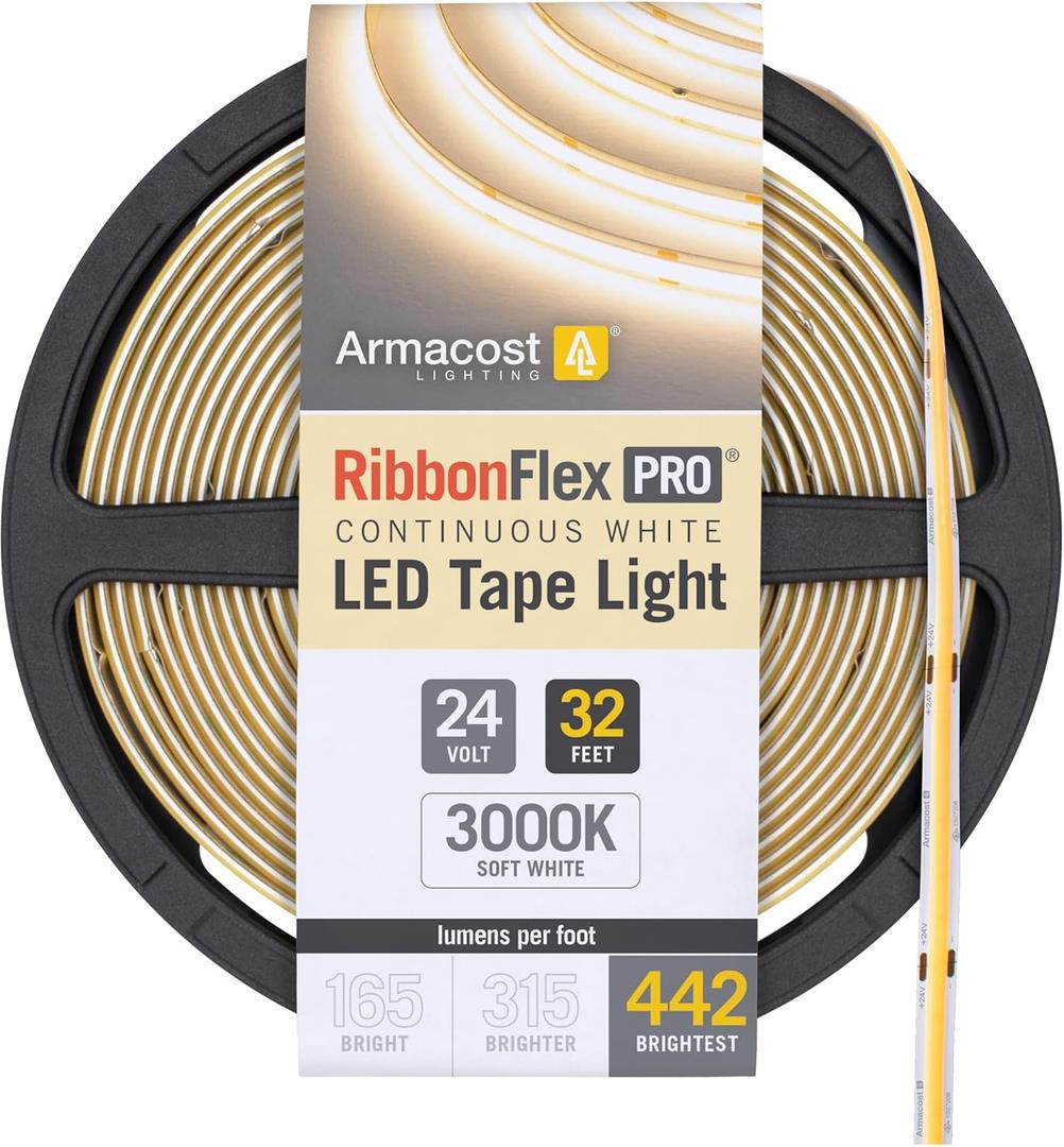 Armacost Lighting RibbonFlex Pro 24V White COB LED Strip Light Tape 3000K, 442 Lumens/Ft, 10M 173250