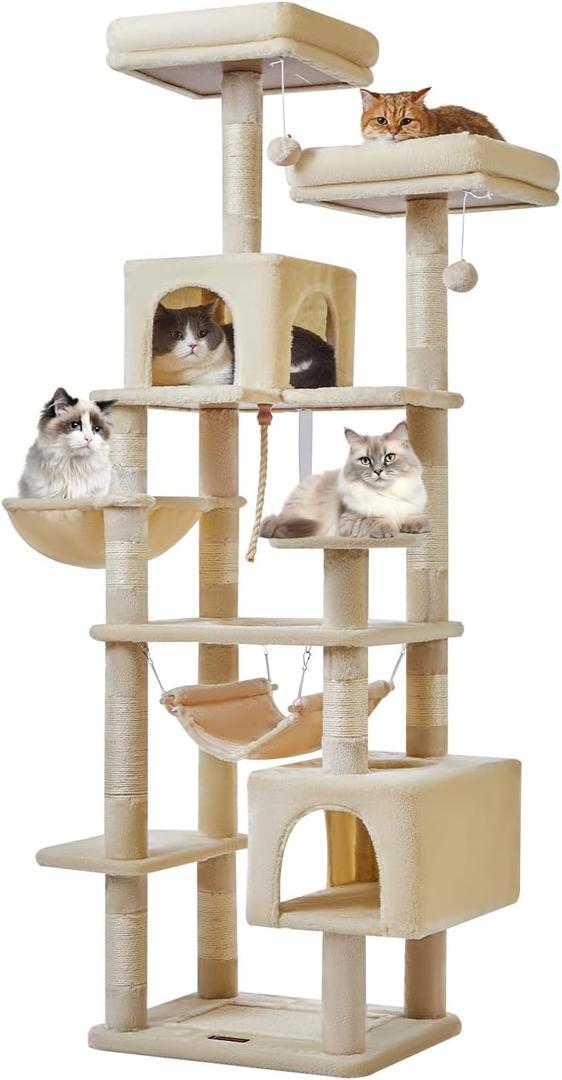 Taoqimiao Cat Tree, 71-Inch Cat Tree Cat Tower for Indoor Cats, Plush Multi-Level Cat Condo with 10 Scratching Posts, 2 Perches,Basket, 2 Caves, Hammock, 2 Pompoms, MS020M Beige (XXL (21 x17x71.7 Inches))