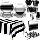 Kochorie 176 Pieces Black and White Disposable Dinnerware Set Black Striped Party Supplies with Paper Dinner Dessert Plates Napkins Cups, Plastic Cutlery Tablecloth Serve 25 Guest for Birthday Wedding