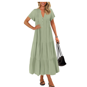 KIRUNDO Summer Maxi Dresses for Women 2025 Spring Fashion Short Sleeve Button V Neck Pleated Loose Tiered Swing Flowy Dress, Size L