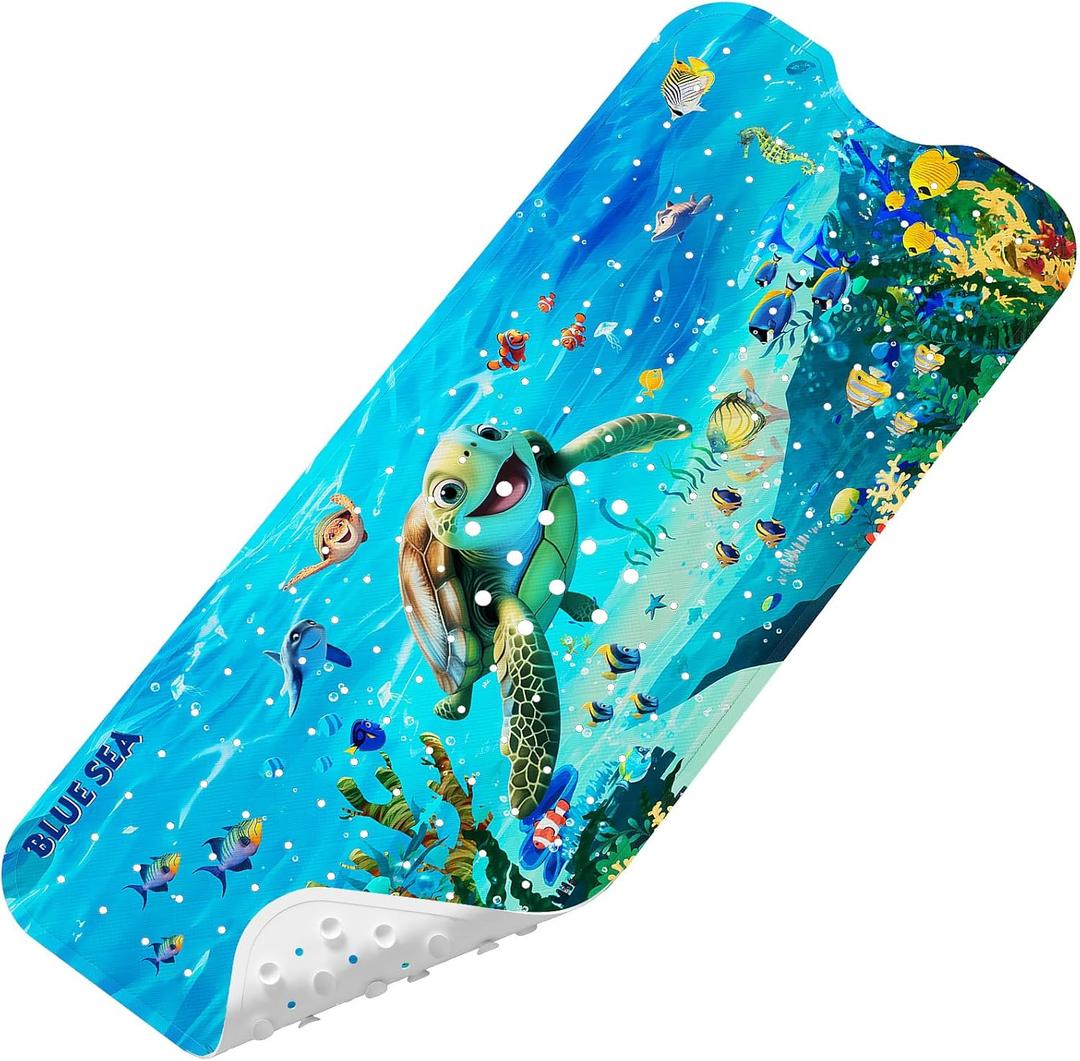 Baby Bath Mat for Tub Non Slip Kids, BPA Free Extra Long Bathtub Mat 40x16 with Drain Holes and 200 Suction Cups, Non Toxic Machine Washable Toddler Bath Mat, No Fading, Sea