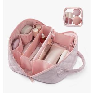 LOVEVOOK Travel Makeup Bag for Women, 2Pcs Set Puffer Waterproof Cosmetic Organizer, Large Capacity Pouch Open Flat Toiletry Bag with Divider & Handle, Portable Gift for Her, Pink