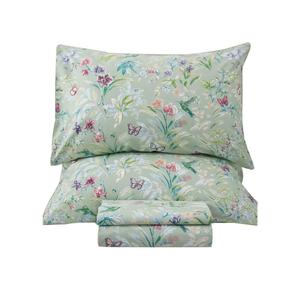 QSH Floral King Size Sheet Sets - Green Flower Bird Butterfly Print Botanical Bedding Egyptian Cotton Printed Sheets King Size Bed Extra Soft and Breathable 17.5" Deep Pockets Bed Sheets 4pcs