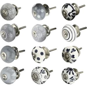 Decorative Knobs for Kitchen Cabinets and Drawers- Grey and White Drawer Pulls with Hand Painted Designs - Ceramic Wardrobe, Cupboard, & Bathroom Cabinet Knobs - 12 Pack
