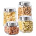 4 Piece Square Glass Canister Set with Stainless Steel Screw-on Lids, Clear