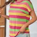 Saodimallsu Womens Striped Short Sleeve Tops Summer Casual Color Block Crew Neck Lightweight Loose Knit Shirts (Small, Pink)