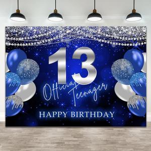 13th Birthday Party Decorations Banner Backdrops for Teen Boys Official Teenager Blue Balloons Photography Background 13 Year Old Party Supplies Sign Photo Booth Props Decor 7x5ft
