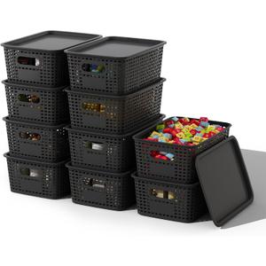 Plastic Storage Basket with Lids 10 Pack Stackable Black Storage Bins Containers with Lid, Decorative Storage Boxes for Organizing Shelves, Drawers, Playroom, Classroom, Office, Closet