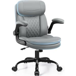Leather Office Chair, Upgraded PU Computer Desk Chairs with Double-Layer Seat Cushion and Neckrest, 360Swivel, Ergonomic Small Gaming Chair with Wheels and Adjustable Armrests for Short People, Grey