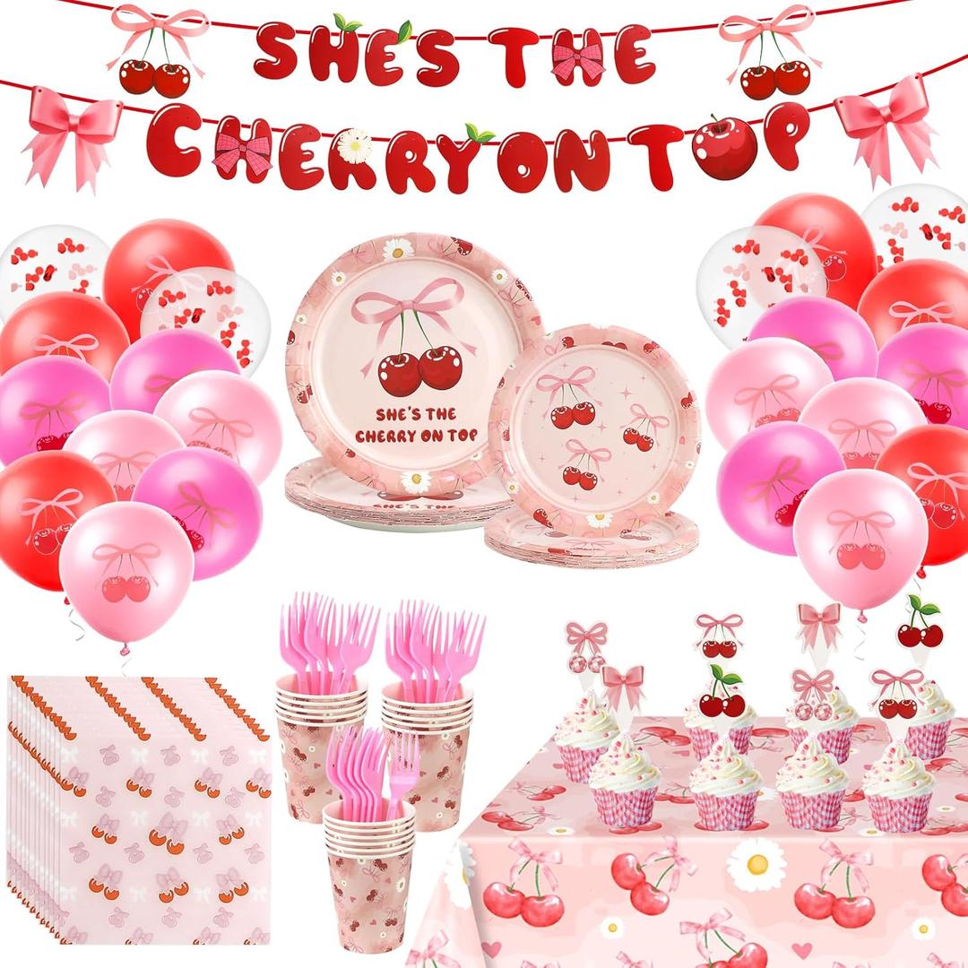 112 Pcs Cherry Party Decorations Tableware, Cherry Birthday Decorations, She's the Cherry on Top Theme Banner, Cherry Party Supplies, Fit 16 Guests for Cherry Themed Party Baby Showers Decorations