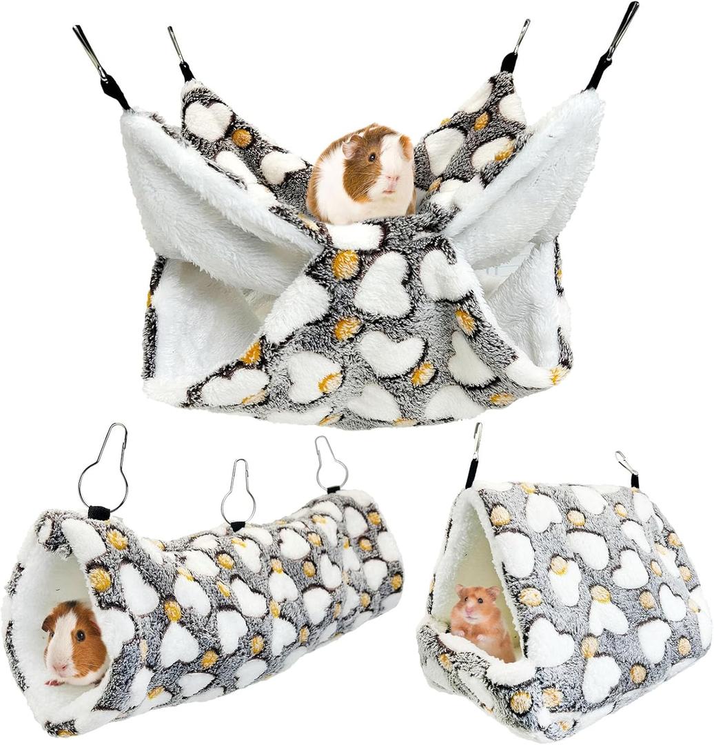 PINVNBY 3 Pack Rat Hammock Set Soft Ferret Hideout Bed Hanging Hamster Tunnel Cave Small Animal Cage Accessories Toy for Guinea Pig Chinchilla Squirrel Sugar Glider (Gray)