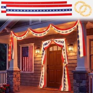 Chumia 2 Pack 20ft Lighted 4th of July Decorations Patriotic Flag Bunting with 2 LED Warm Lights 250th Anniversary Decorations Independence Day Flag Red White Blue USA Banner for Outdoor