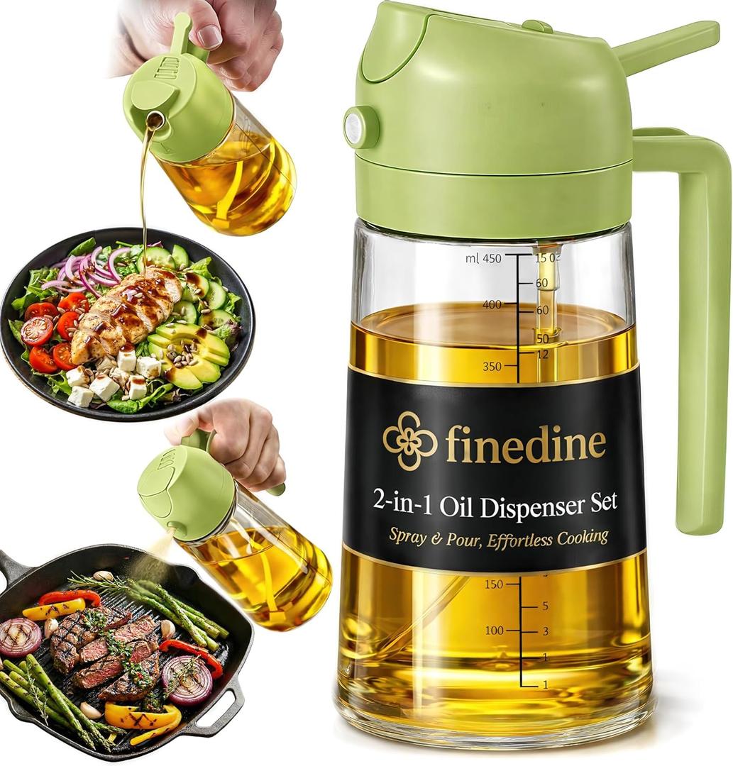FineDine 16oz Olive Oil Sprayer for Cooking, 2 in 1 Olive Oil Dispenser Bottle for Kitchen, Air Fryer, Salad, BBQ & Baking Dual Spray Mist & Stream, with Measurement Marks, Green