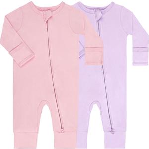 GUISBY Cotton Sleepers Footless Pajamas with Zipper and Mittens Long Sleeve Rompers for Baby (0-3 Months, Peach+purple)