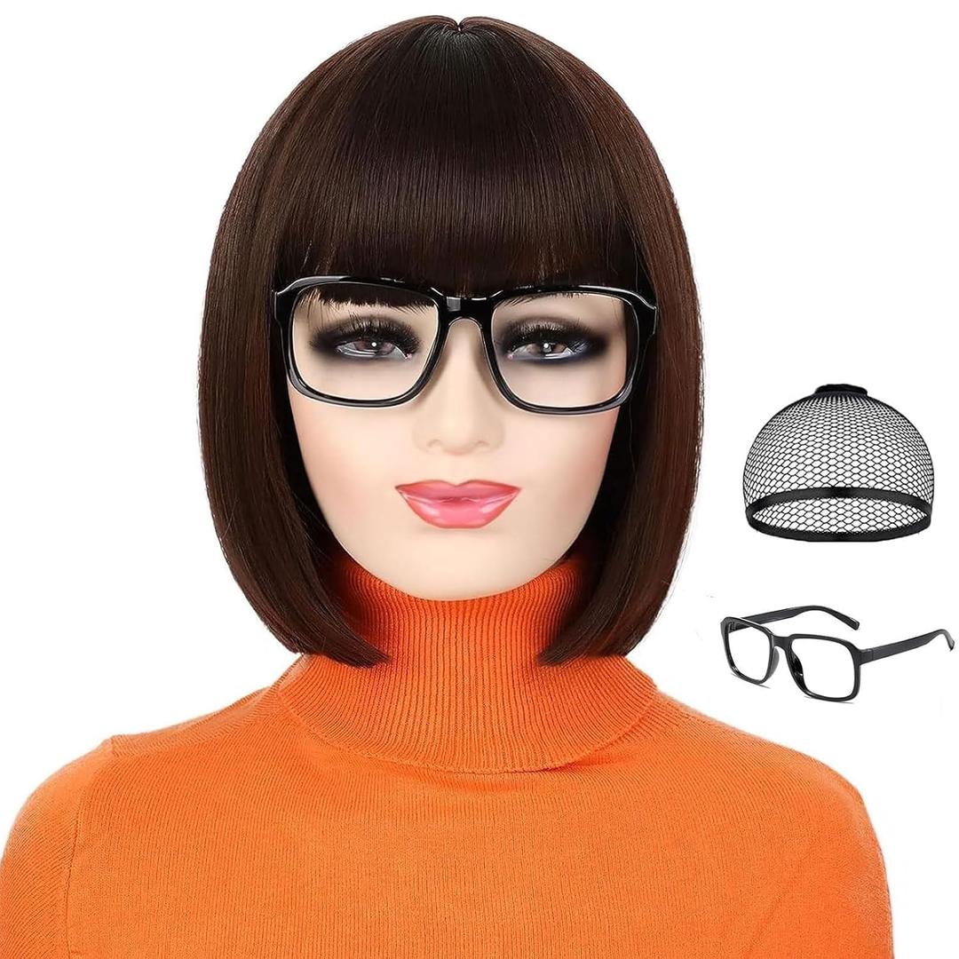 Velma Wig + Black Glasses + Wig Cap Brown Bob Wig with Bangs for Women Short Bob Wig Women’s Costume Cosplay Halloween Party Daily Wig