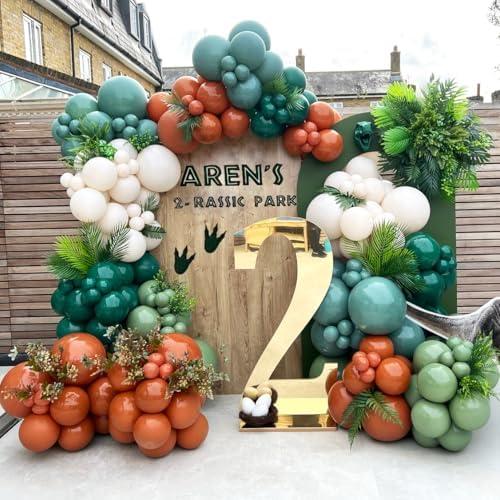 ECEAE 137Pcs Dinosaur Balloon Arch Garland Kit, Jurassic Themed Birthday Decorations with Green Blue Brown White Balloons, for Jungle Theme Party, Dino Balloon for Kids