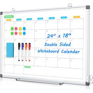 Dry Erase Board Calendar for Wall, 24" x 18" Magnetic Whiteboard Calendar, Monthly Calendar Whiteboard for Wall, Double-Sided Hanging Aluminum Frame White Board for Home, School, Office
