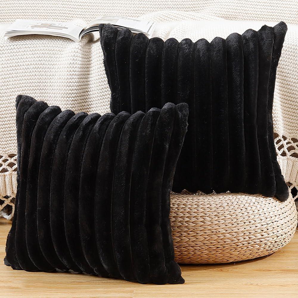 MADIZZ Set of 2 Faux Wool Plush Decorative Throw Pillow Covers 26x26 Inch Black Fluffy Striped Soft Decorative Cushion Cover for Sofa Bedroom Pillow Shell