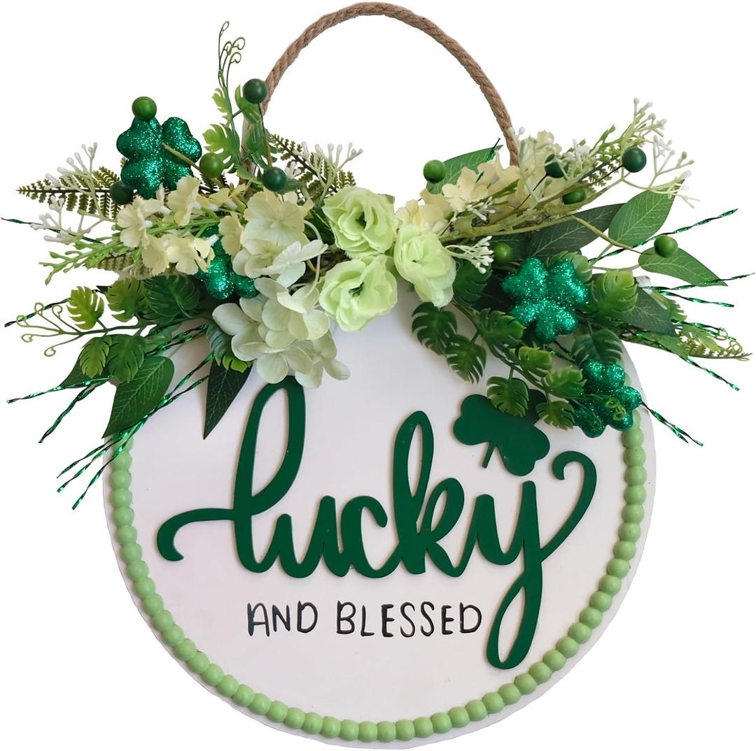 16 Inch St. Patrick's Day Wreath Door Hanger - Lucky Blessed Shamrock Decor with Green Floral Accents, Festive Wall/Door Decoration for Home Party Irish Holiday