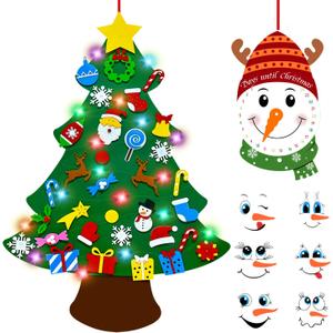 EMPOF Felt Christmas Tree for Toddlers, 3.5ft Felt WallTree Set for Kids Wall with Lights + Snowman Advent Calendar + 6 Face Stickers+ 33 Ornaments, Indoor Christmas Home Decor, Colorful