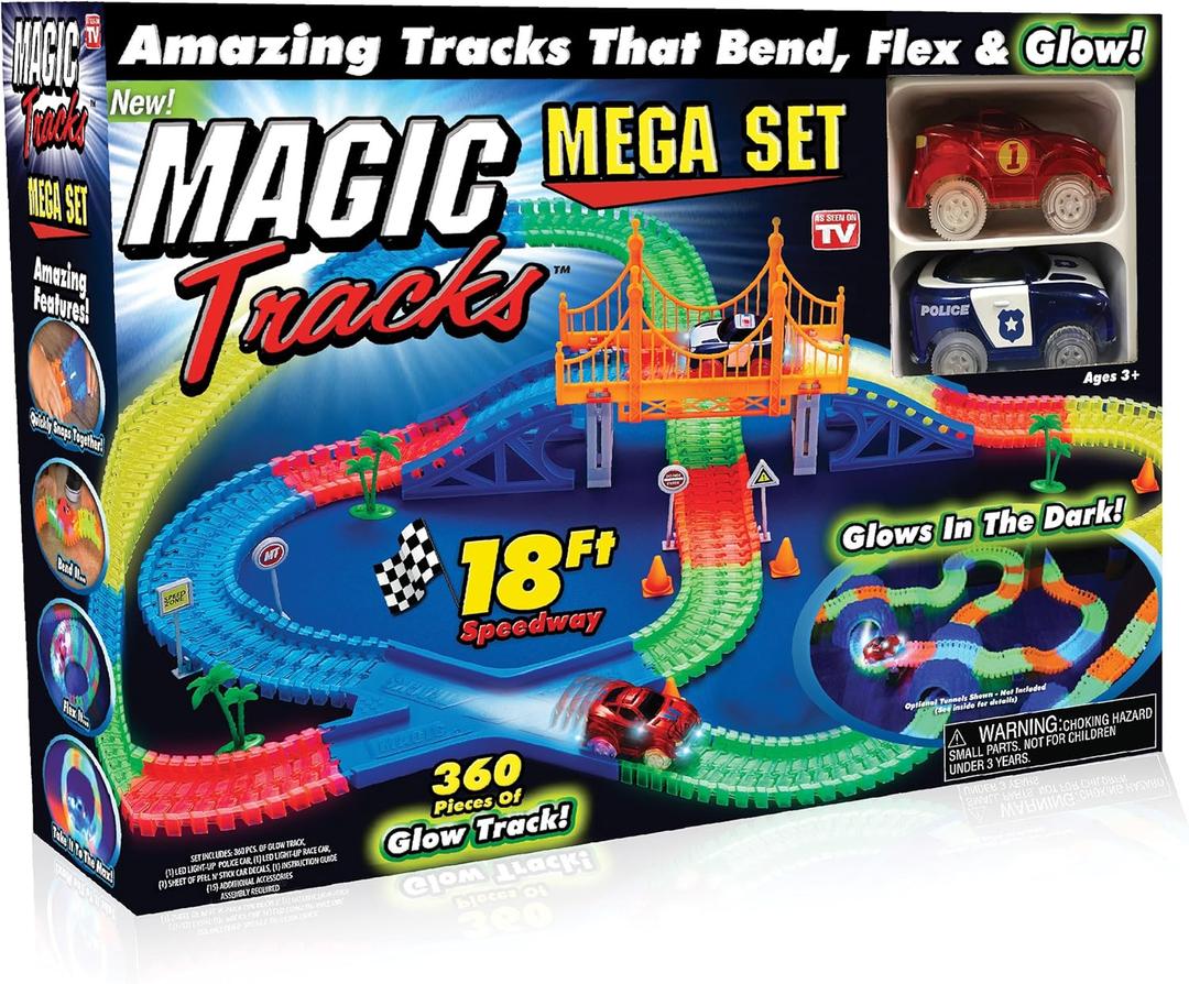 Ontel Magic Tracks Mega Set - 2 LED Race Cars and 18 ft. of Flexible, Bendable Glow in The Dark Racetrack - As Seen on TV