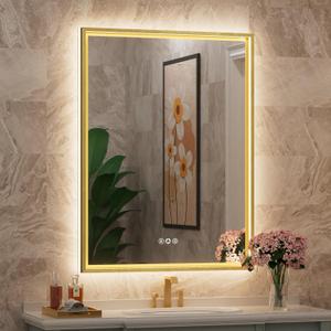 24x32 Inch Gold LED Bathroom Mirror with Front & Back Lights, Adjustable 3000K/4500K/6000K, Wall Mounted Framed Lighted Bathroom Vanity Mirror, Dimmable, Anti-Fog, Horizontal / Vertical