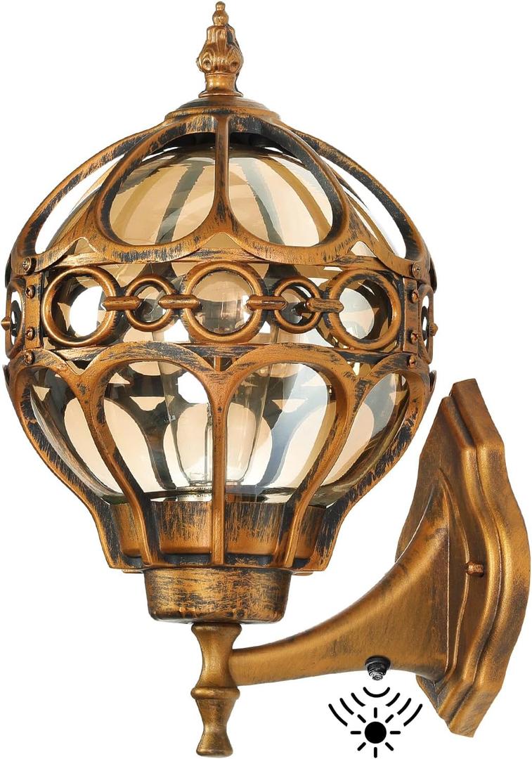 Dusk to Dawn Globe Outdoor Wall Lights, Gold Round Porch Light for Patio, Grand Entryway, Anti-Rust Aluminum Waterproof Exterior Sensor Lighting Fixtures, Wall Sconce Lantern with Amber Glass, 14.8"H-1 Pack