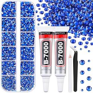 6100Pcs Royal Blue Rhinestones for Crafting with 2Pcs 10ml B7000 Jewelry Glue, 1 Box Flatback Crystals Diamond for Bedazzling Crafts DIY Nail Art Resin Gems for Clothing Shoes