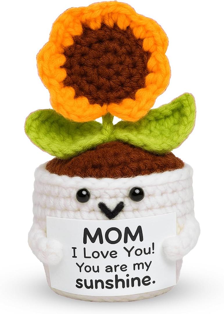 Gifts for Mom Mothers Day Cute Handmade Crochet Sunflower Pot with Message Card - Christmas Birthday for Mom from Daughter/Son