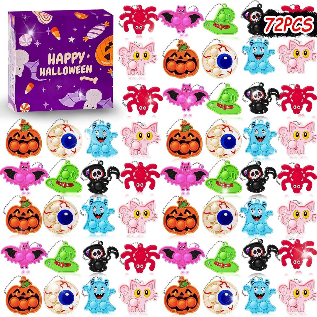 72Pcs Halloween Party Favors, Fidget Toys Bulk Mini Pop Bubbles with Keychain, School Classroom Prizes Box Fidgets Toys for Kids Toddlers Adult, Goodie Bag Stuffers, Treasure Chest box, Halloween Toys