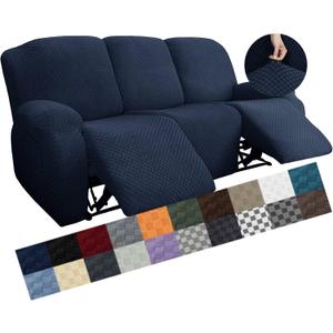 YEMYHOM 8 Pieces Stretch Recliner Sofa Cover Latest Jacquard Reclining Couch Cover with Side Pocket Anti-Slip Fitted 3 Cushion Furniture Slipcovers with Elastic Bottom (Large, Navy) (Standard 3 Seater)