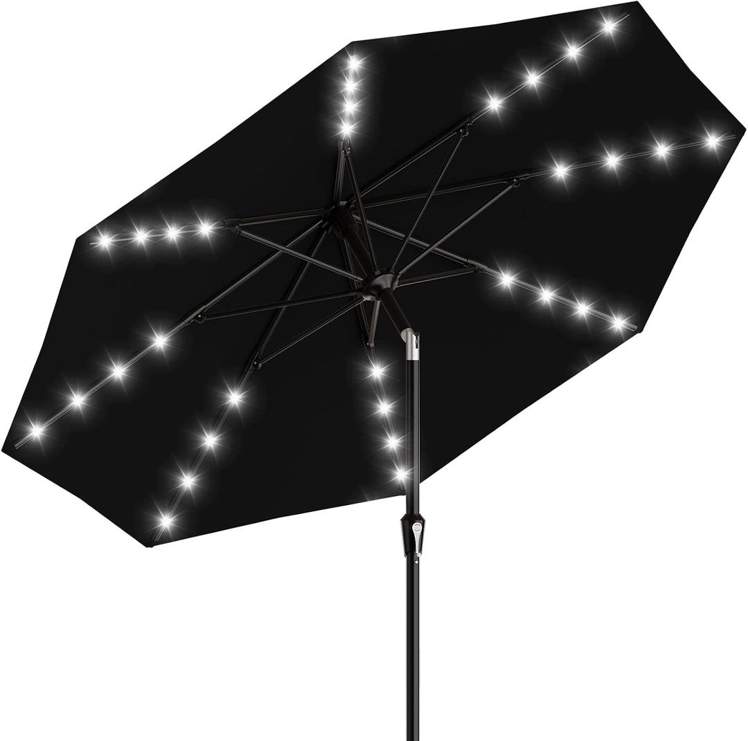 AreShark 9FT Patio Umbrella with Solar Lights, 32 Lighted Pool Umbrella w/Tilt and Crank, Outdoor Market Solar Umbrellas for Garden, Deck, Backyard, Pool and Beach, Black