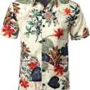 JOGAL Men's Flower Casual Button Down Short Sleeve Hawaiian Shirt Suits (S)