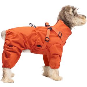 BRKURLEG Dog Raincoat for Small Dogs, Small Dog Rain Jacket with Harness Built in, Waterproof 4 Legs Pet Raincoats, Puppy Outdoor Jacket with Reflective Strip, Orange, L