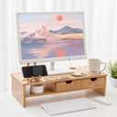 Bamboo Monitor Stand, Wooden Laptop Stand with Drawer, Wood Monitor Riser for Desk, Computer Monitor Stand with Smart Phone Holder and Cable Management Hole, Office Supplies, 22x50x14cm