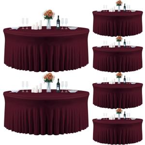 6 Pack Burgundy Round Tablecloth, Fitted Table Cloths for 6 foot Round Tables, 132 Inch Round Red Tablecloth Table Skirt for Wedding Birthday Photo Themed Party Banquet Holidays Red Party Decorations