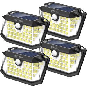 WELALO Solar Motion Sensor Lights Outdoor, [3 Modes/4 Pack/188 LED] 270 Wide Angle Lighting,Security Solar Powered Wall Lights, IP65 Waterproof Flood Lights for Fence Porch Yard Patio(Black)