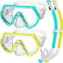 2 Sets Kids Snorkeling Gear for Ages 3-14, Anti-Fog 180 Clear View Dry Top Snorkel Set, Swimming Mask with Nose Cover & Tempered Glass Goggles for Youth Boys Girls Junior (Small-Medium, Light Blue+Yellow)