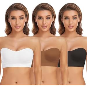 Lusait Strapless Bra for Women Non-Slip Silicone Padded Bandeau Bra Wireless Tube Top Bralette Black+White+Brown, 3Pack, 2XL