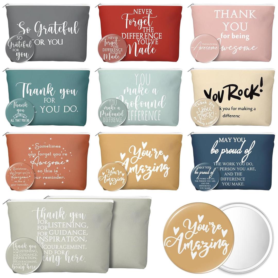 Vercraft Employee Appreciation Gift for Women Teacher Inspirational Canvas Makeup Bag Portable Compact Mirror Bulk Cosmetic Bag Thank You Volunteer CNA Nurse Coworker(Praise,Vintage,40 Pcs)