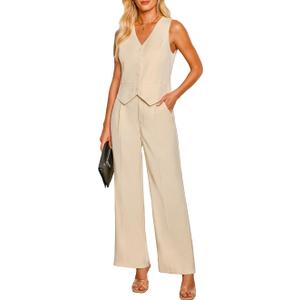 Luvamia Women's 2 Piece Outfits Elegant Blazer Vest Pockets Wide Leg Pant Suit Casual Matching Set Large