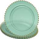 PLASTICPRO Translucent Green with Gold Rim Plastic Charger Plates with Beaded Edge  Pack of 8  13" Elegant Round Disposable Chargers for Weddings, Events, Parties, and Dinners