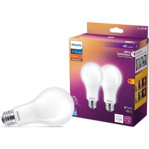 75W A21 2-Pack Ultra Definition Soft White (2200K) 1100 Lumen (11W = 75W) Dimmable Warm Glow Frosted Flicker-Free Light Bulbs