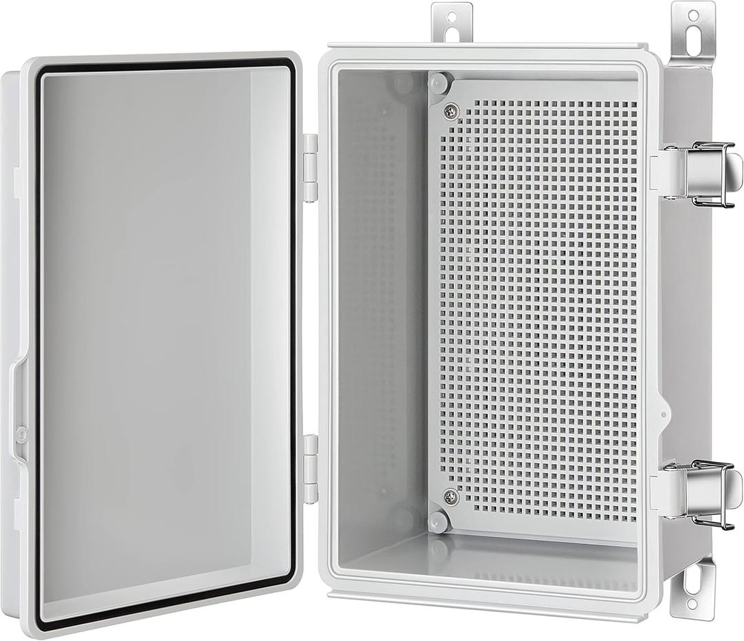 Junction Box, IP67 Waterproof Plastic Enclosure for Electrical Project, Hinged Grey Cover, Includes Mounting Plate and Wall Bracket (Grey Cover, 11.4"7.5"5.5")