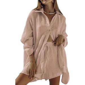 Fixmatti Women 1 Piece Outfits Long Sleeve Button Down Blouse and Shorts Sweatsuit Sets, M, Tobacco Brown