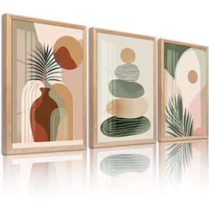 Sage Green Boho Wall Art, Framed Wall Decor for Living Room, 3 Piece Wall Art Decor, Mid Century Modern Minimalist Wall Art for Bedroom, Dining Room, Hotel, Office 24X36IN, 16"L x 24"W